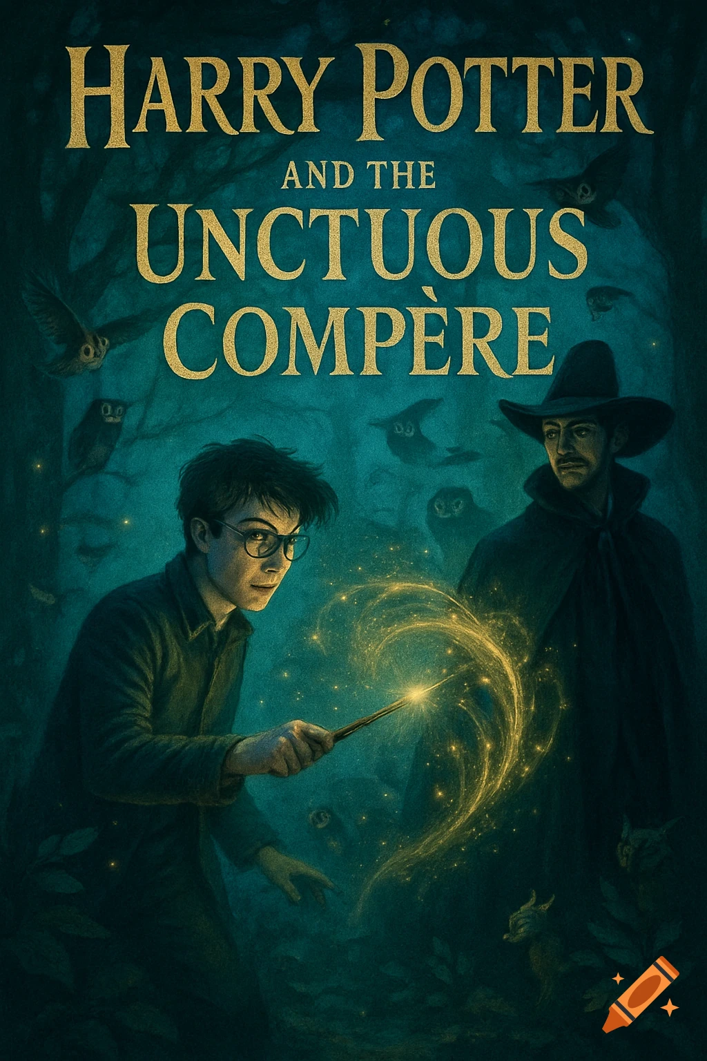 Book cover illustration: Harry Potter casts a golden spell in a dark forest with another wizard and owls. Title: 'Harry Potter and the Unctuous Compère'.