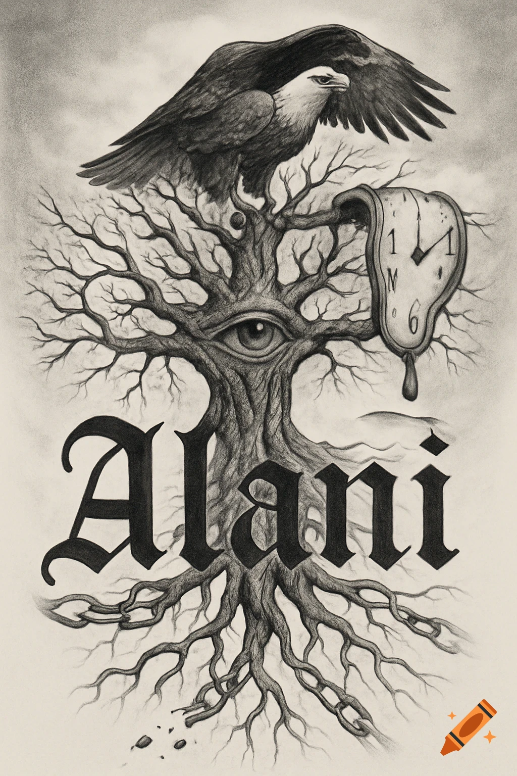 Monochrome drawing of an eagle on a tree with a central eye, a melting clock, and the name 'Alani' in gothic font intertwined with roots and chains.