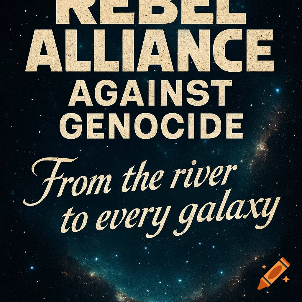 A Star Wars-inspired poster with bold, distressed text 'REBEL ALLIANCE AGAINST GENOCIDE From the river to every galaxy' over a cosmic starry background.