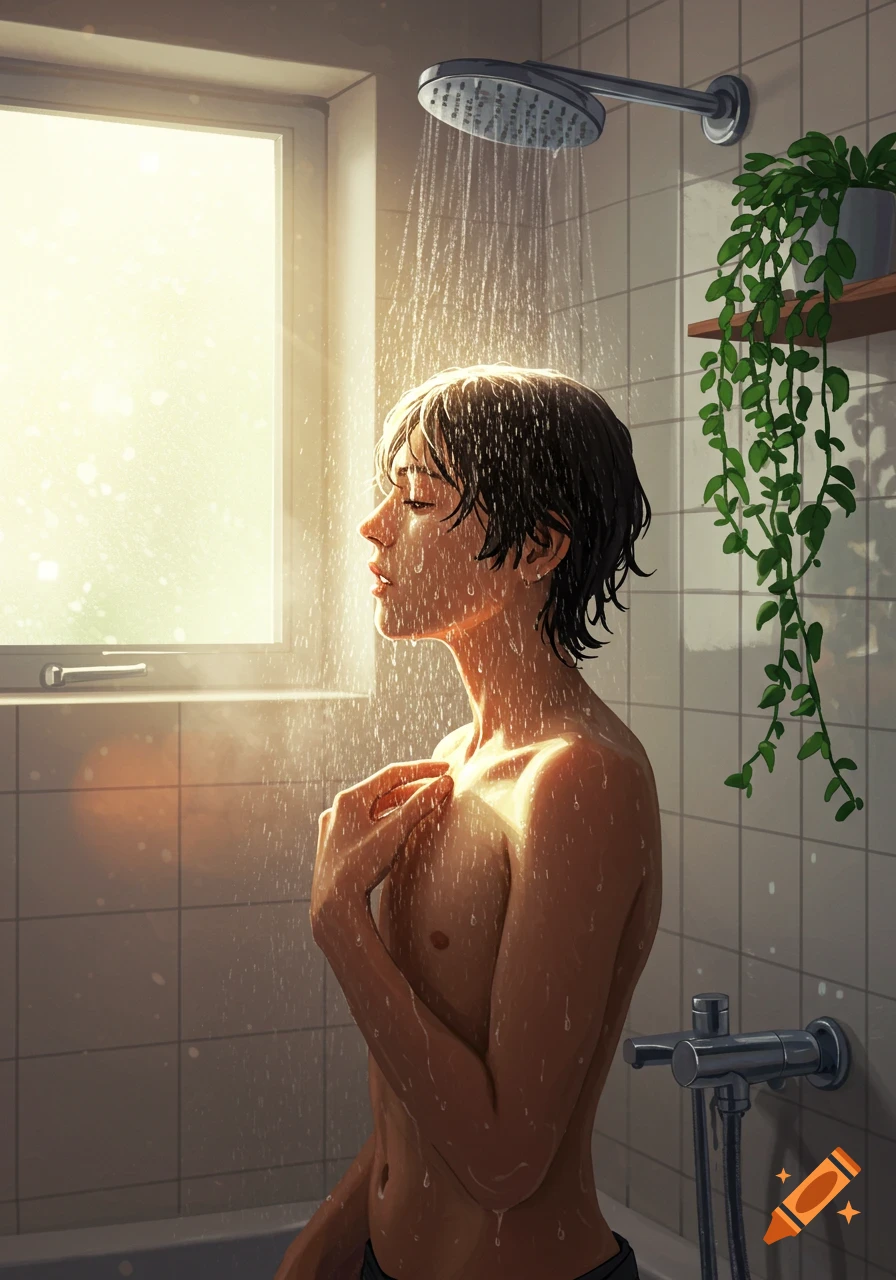 An illustration of a person with short hair showering in sunlight, water glistening on their skin, with a plant hanging in the background.
