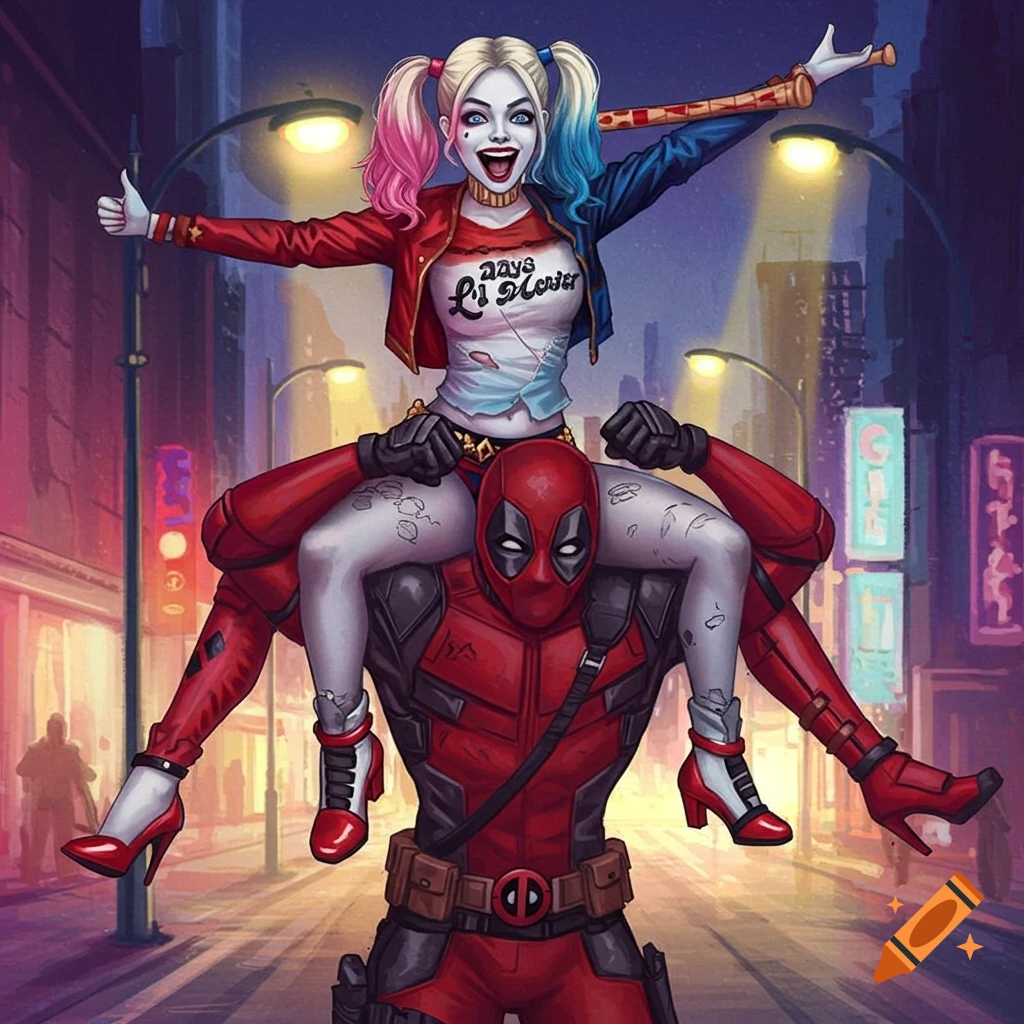 Harley Quinn sits on Deadpool's shoulders in a vibrant comic art style. Both are in their iconic costumes on a city street at night.