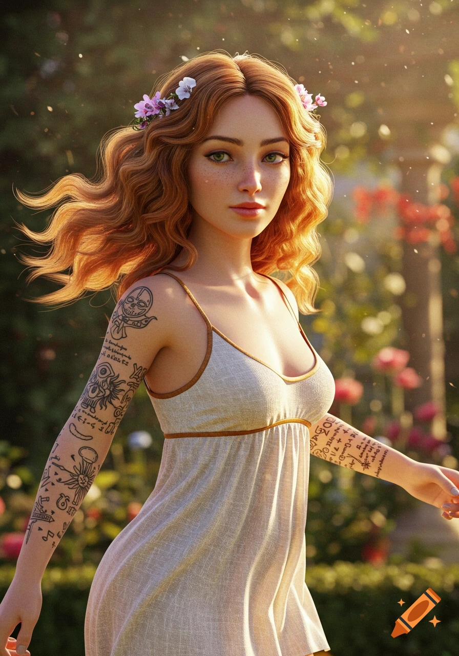 A photorealistic portrait of a young woman with long wavy red hair and green eyes, adorned with flowers, standing in a sunlit garden. She wears a simple light-colored dress and has intricate tattoos on both arms. The style is reminiscent of Botticelli.
