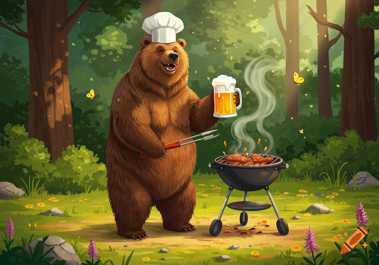 An illustration of a happy cartoon bear chef holding a beer mug and grilling meat on a BBQ in a sunny forest.