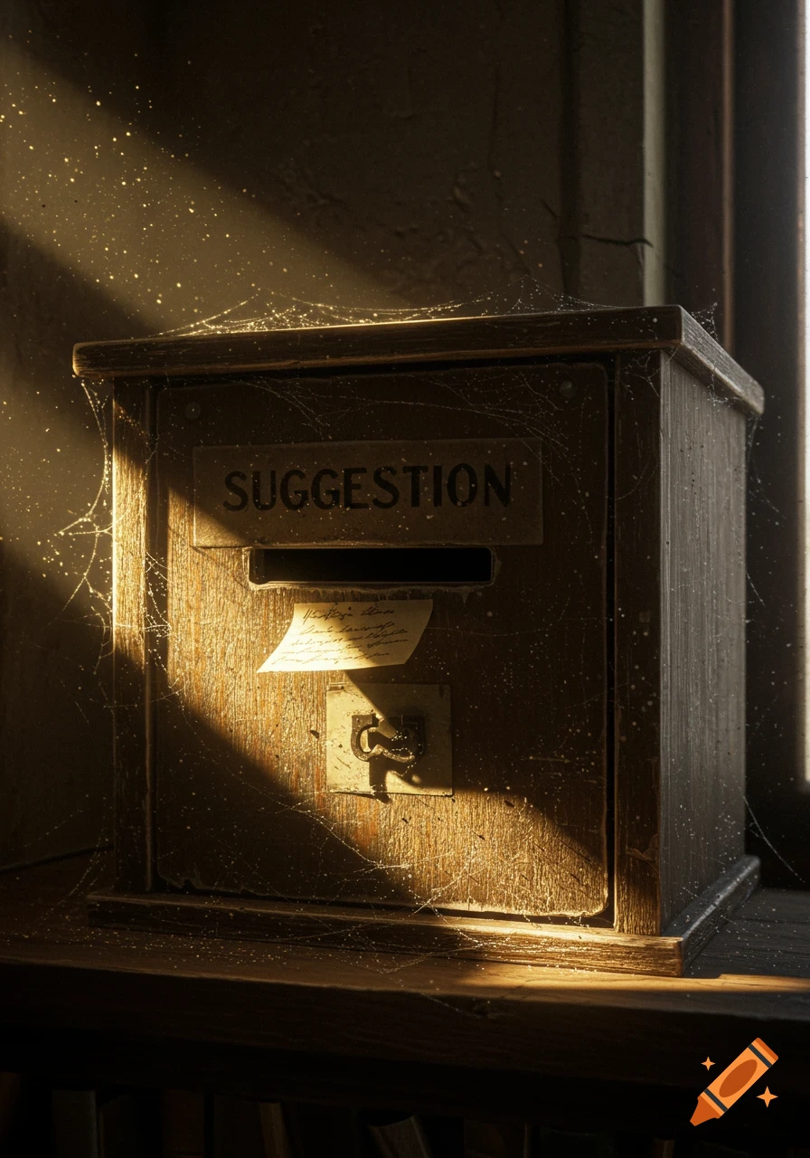 Dusty, cobweb-covered wooden suggestion box with a note inside, illuminated by a sunbeam through a window.