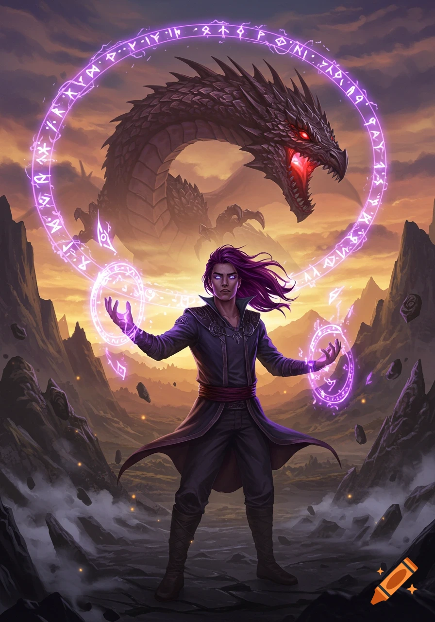 Man with purple hair summons a dark dragon amidst purple magic runes in a dramatic fantasy landscape.
