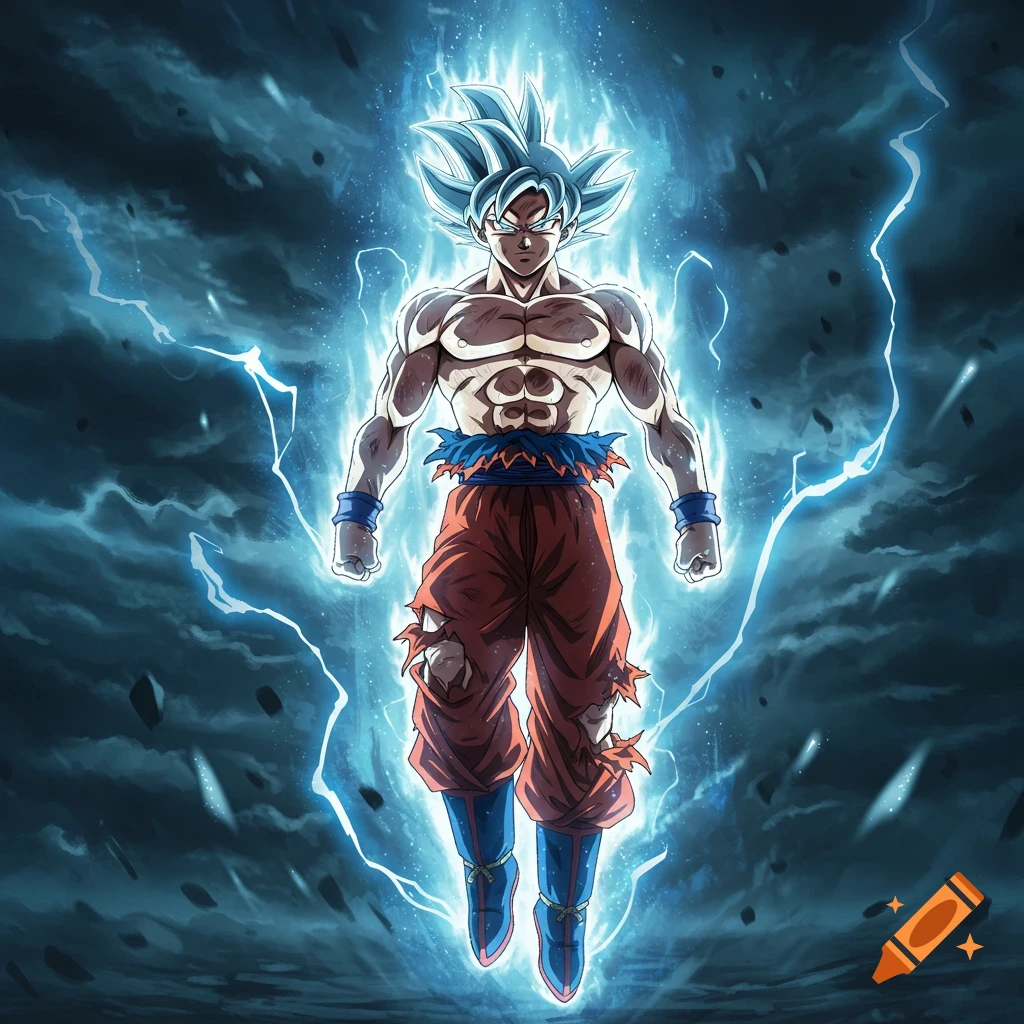 Goku in his Ultra Instinct form, enveloped in a glowing blue aura and lightning, against a dark, stormy sky.