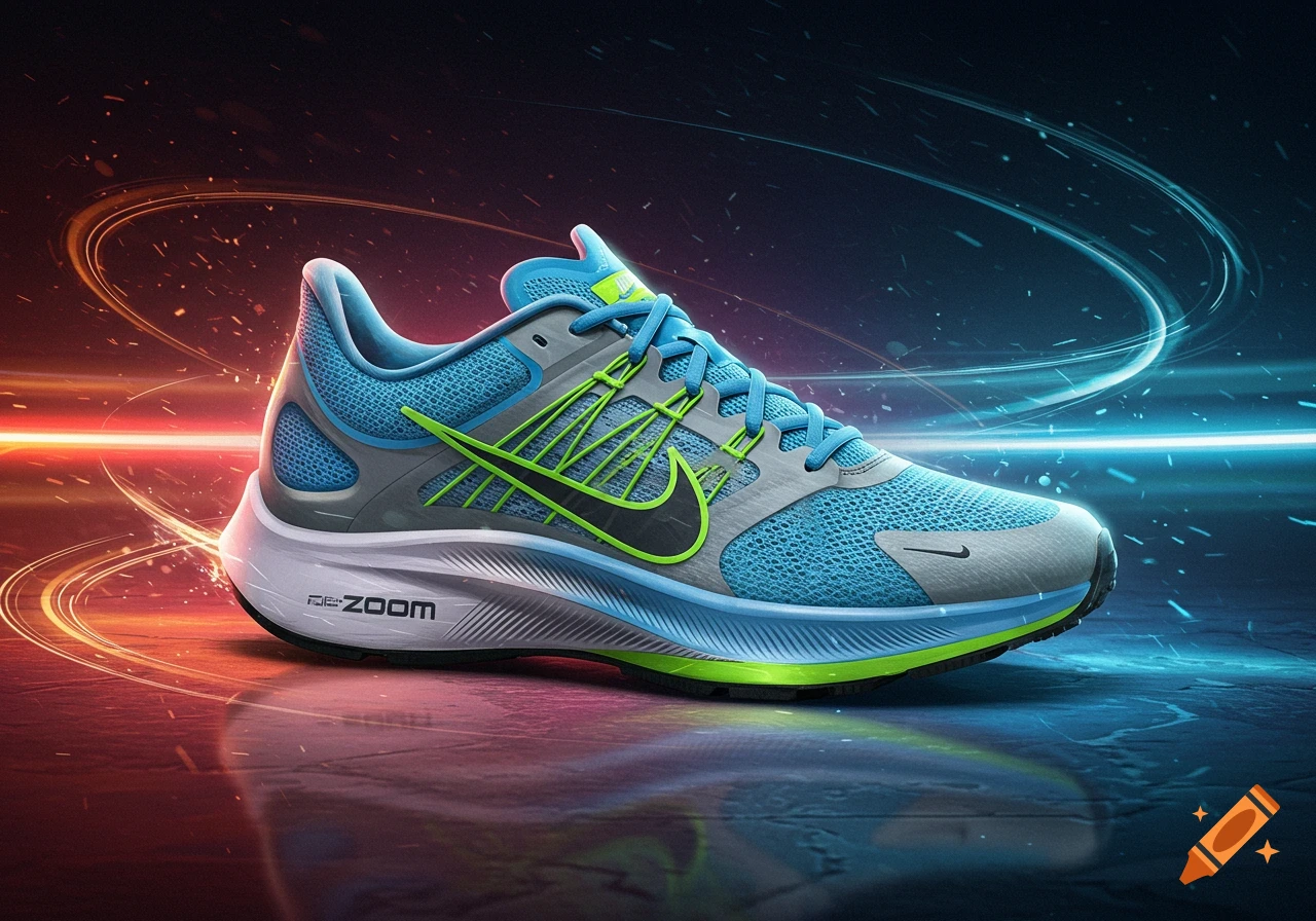 A light blue, grey, and neon green Nike running shoe with a black swoosh logo on a reflective surface, surrounded by dynamic red and blue light trails.