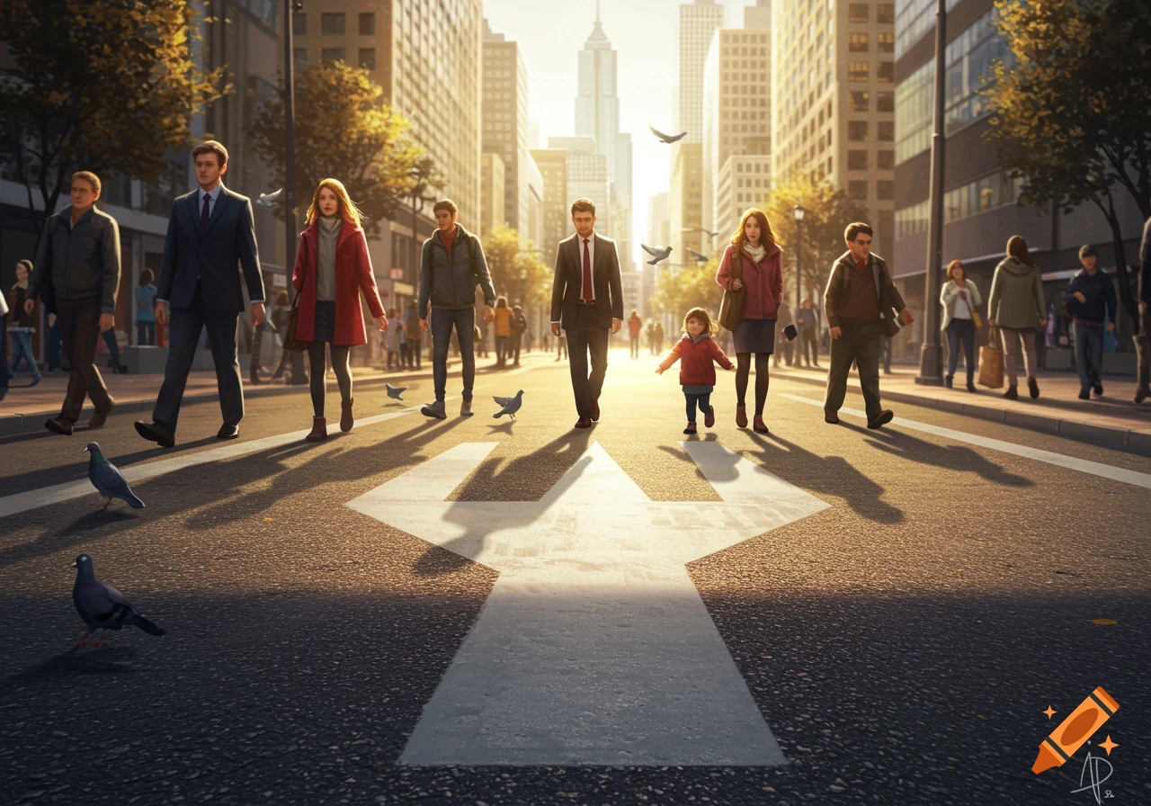 A group of people, including a small child, walk on a large arrow painted on a city street at sunset with tall buildings in the background.