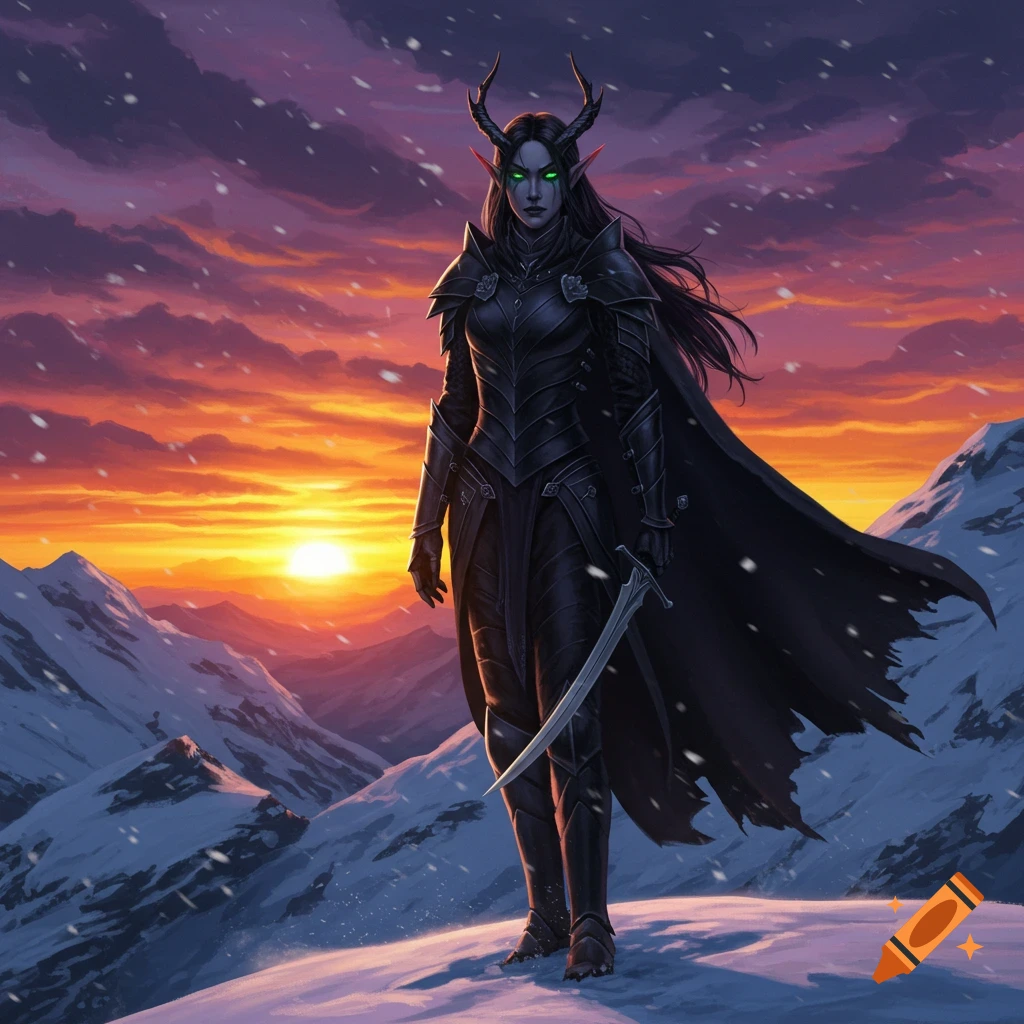 A dark elf woman warrior in black armor and horns stands on a snowy mountain peak at sunrise, holding a sword.