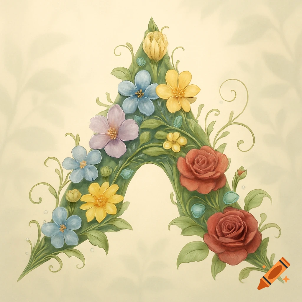 A stylized letter A made of green leaves and colorful flowers on a light background.