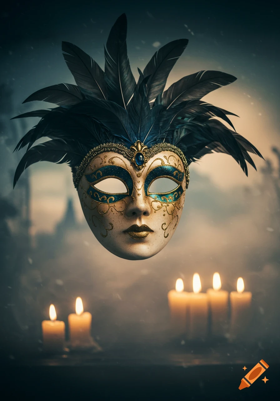 An ornate gold and teal mask with dark feathers floating above lit candles in a dark, misty setting, photorealistic style.