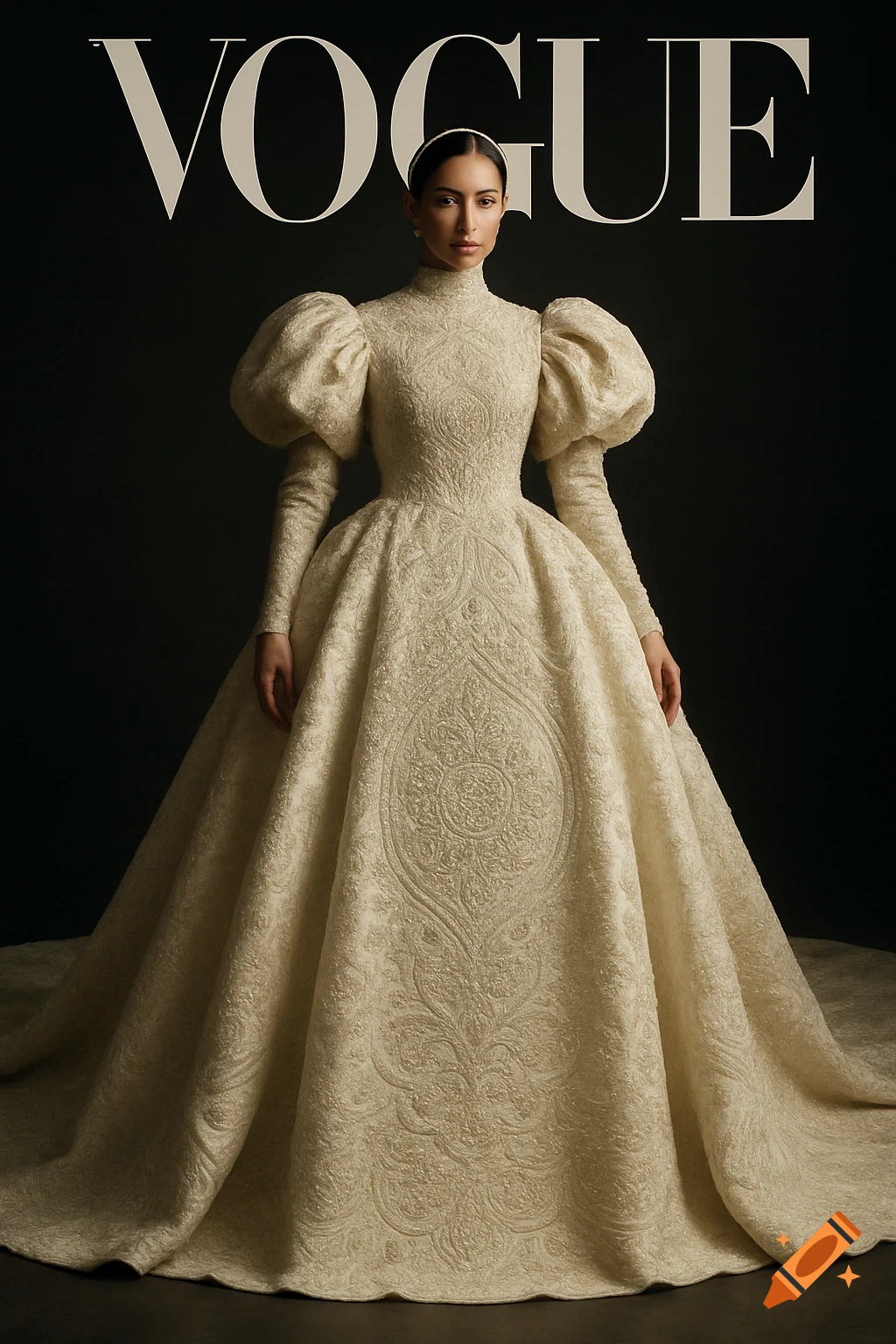 Woman in an ornate ivory haute couture wedding dress with puff sleeves, styled like a Vogue cover, on a dark background. Photorealistic.