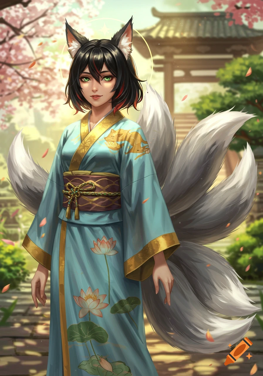 A kitsune princess with black hair, green eyes, fox ears, and multiple fluffy silver tails, wearing a blue-and-gold yukata with lotus and fox motifs, in a serene palace garden.
