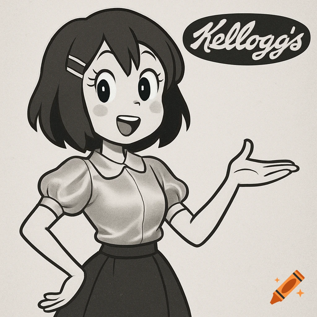 A cheerful 1950s-style anime girl in black and white, wearing a collared shirt and skirt, gesturing with a Kellogg's logo.