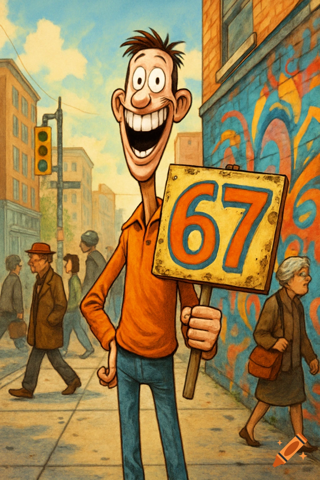 A happy, cartoon man with a huge smile holds a yellow sign with the number 67 on a busy city sidewalk.
