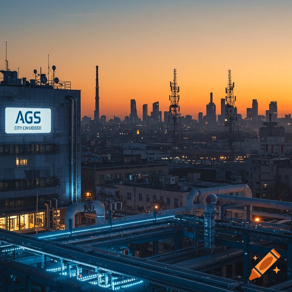 Photorealistic image of an industrial complex with blue-lit pipes and buildings, overlooking a city skyline at sunset.