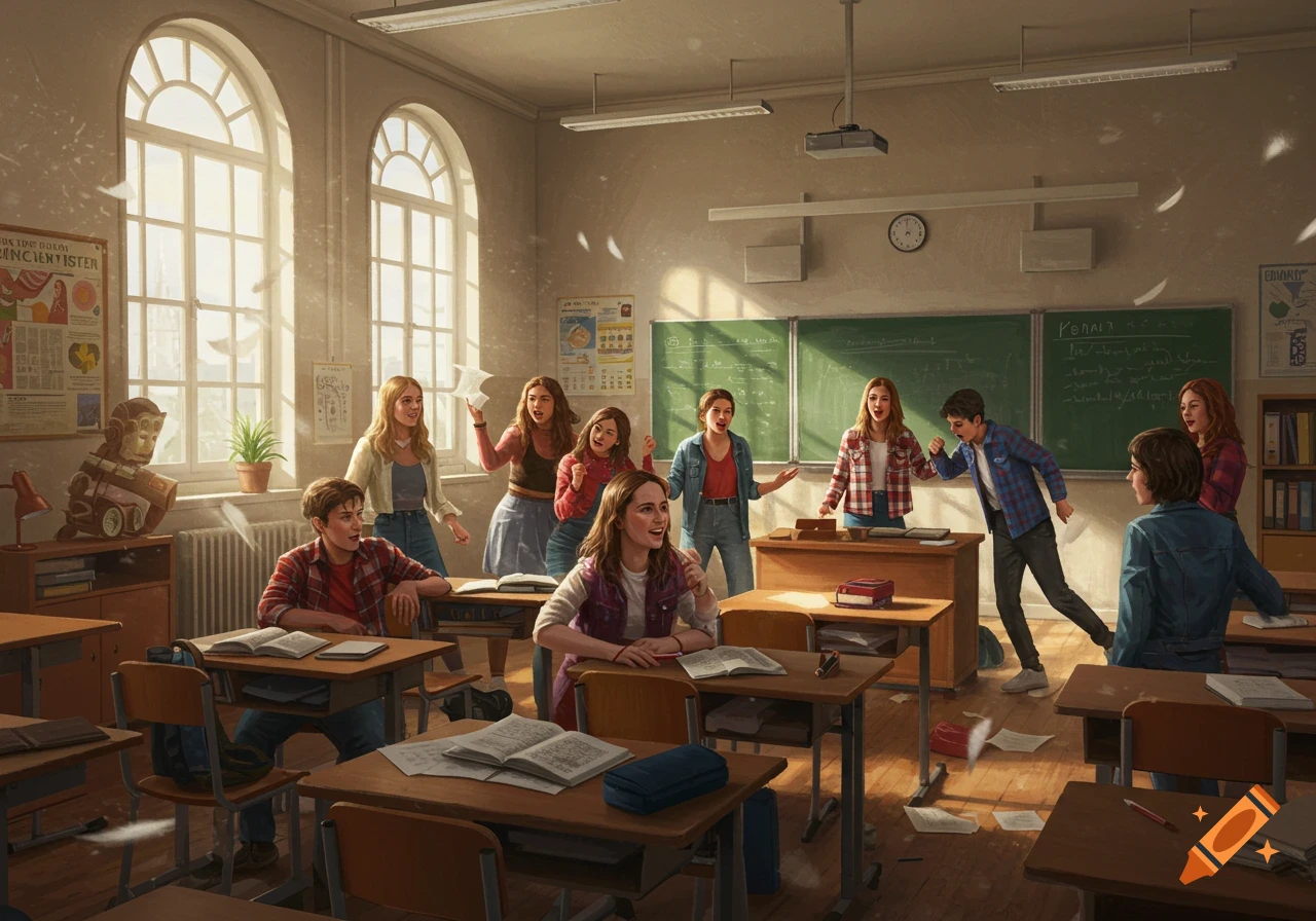Students are acting in a sunlit classroom with desks and a blackboard, digital art.