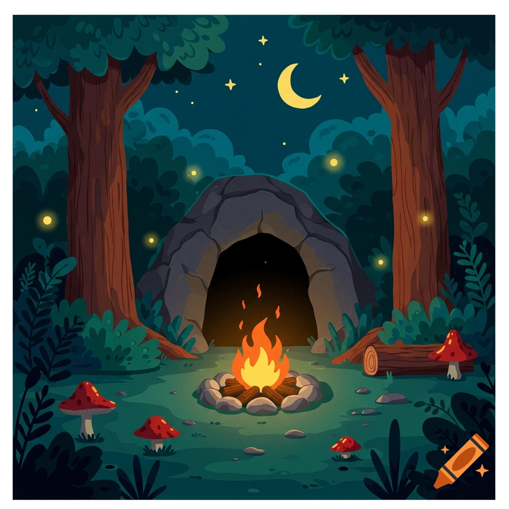 Cartoon night forest scene with a cave entrance, a crackling campfire, tall trees, fireflies, and red mushrooms.