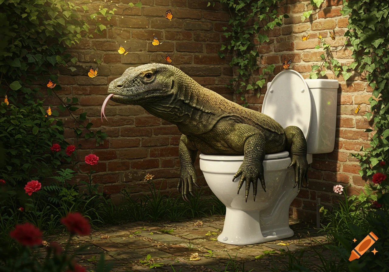 A photorealistic Komodo dragon sits on a toilet outdoors, against a brick wall with ivy, flowers, and butterflies.