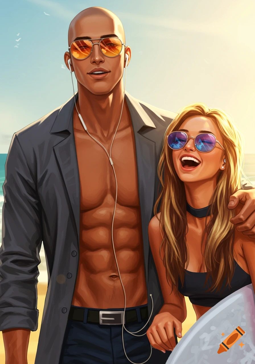 An illustration of a bald man in orange sunglasses and a blonde woman in blue sunglasses holding a surfboard at the beach.