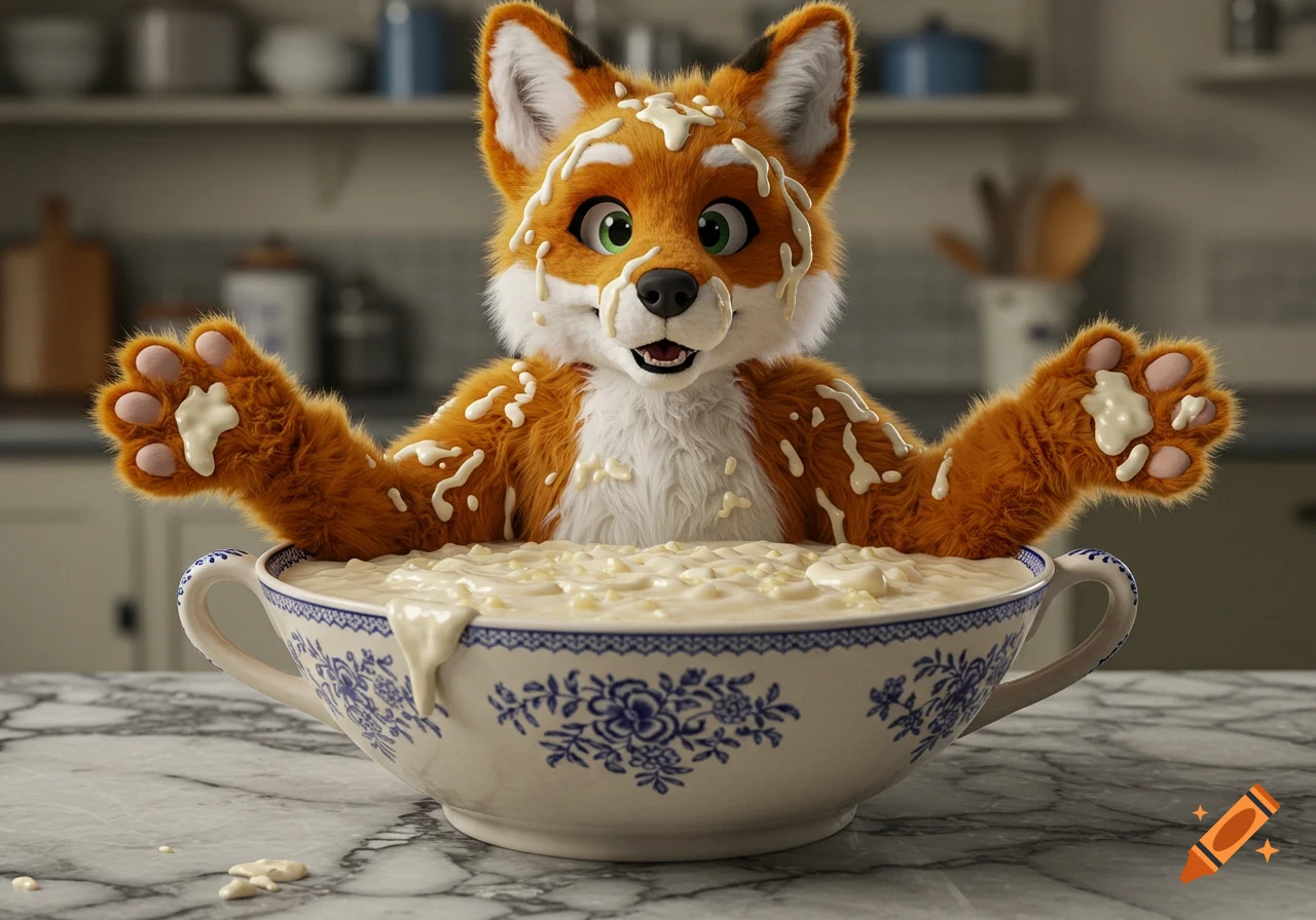 A cute, photorealistic anthropomorphic fox, covered in porridge, sits in a large decorative bowl of porridge in a kitchen.