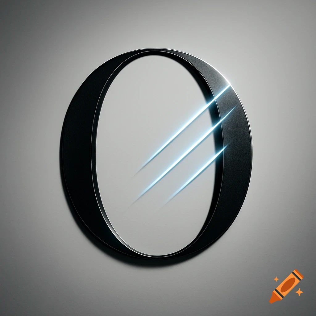 A black, glossy letter O with three glowing blue diagonal lines across its center, on a light grey background.