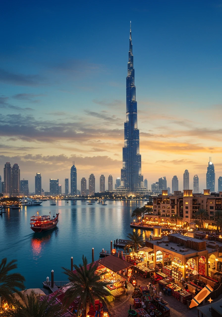 Photorealistic view of Dubai skyline at sunset, with Burj Khalifa, illuminated waterfront buildings, and traditional boats on the water.