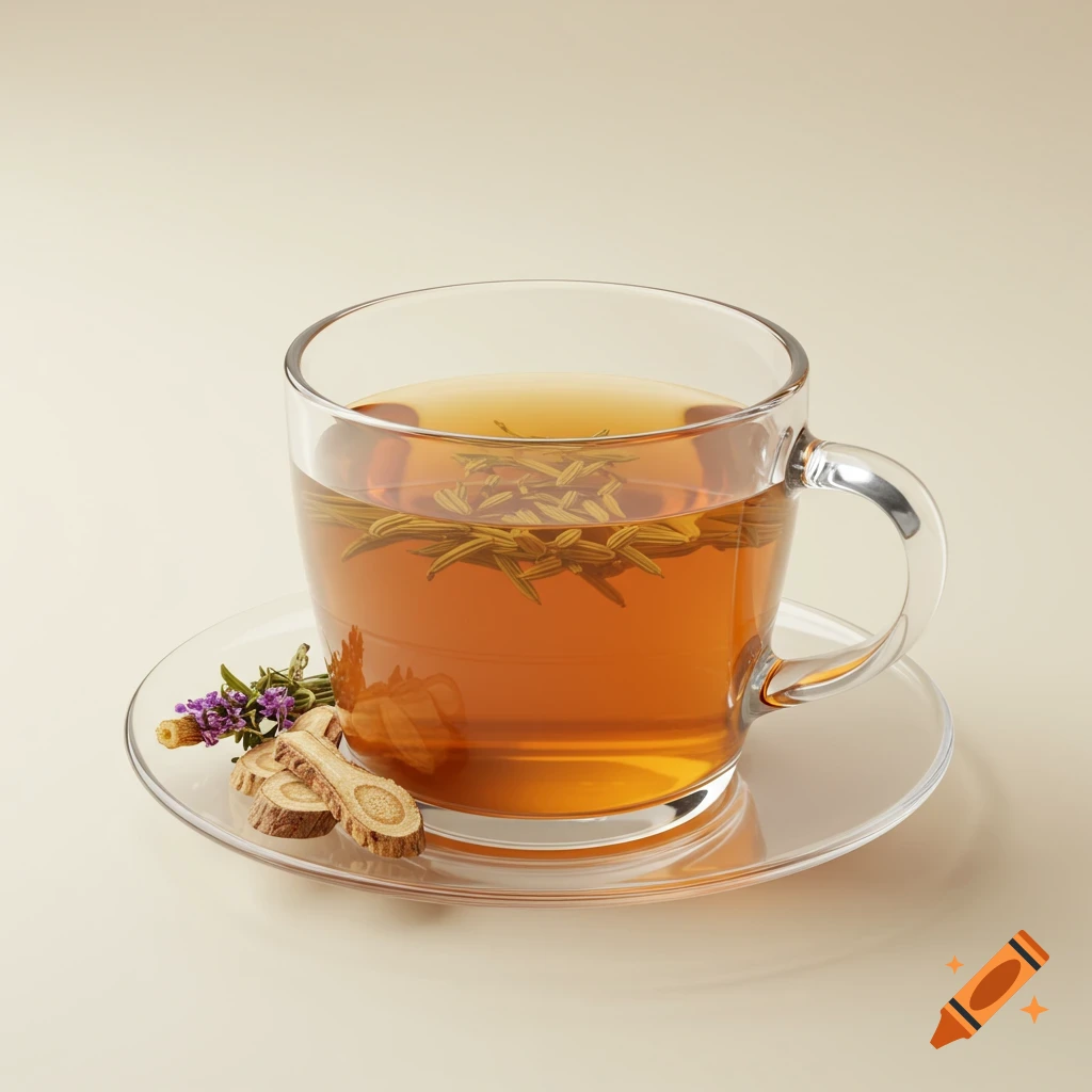 A clear glass cup of amber-colored fennel tea with dried licorice root and lavender flowers on a clear saucer against a cream background.