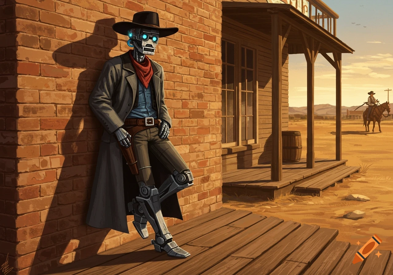 A robot cowboy, like Johnny 5 and Doc Holiday, leans against a brick building in a desert town. A cowboy on horseback is in the distance.