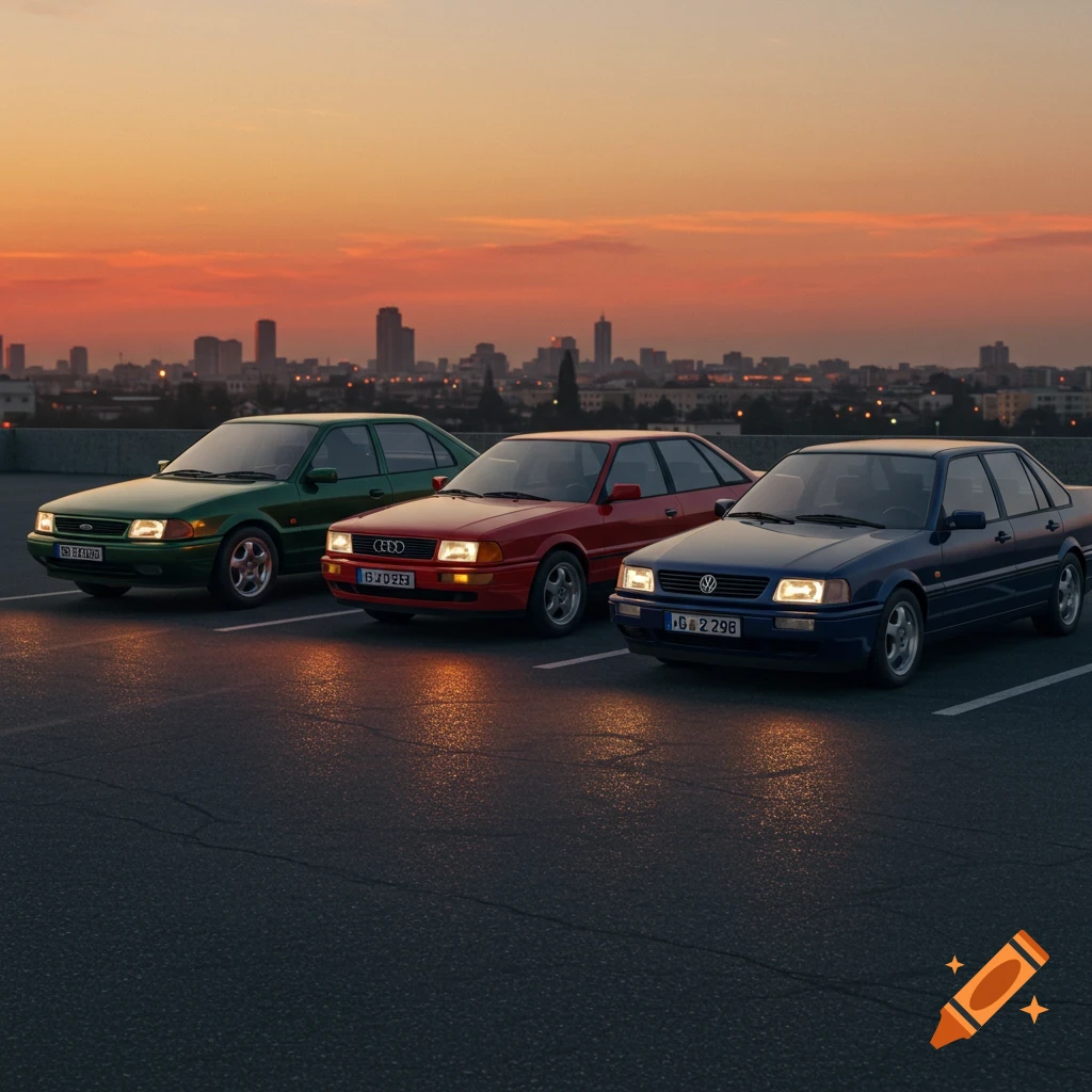 A green Ford, red Audi, and blue VW car parked on an asphalt lot at sunset, with a city skyline in the background.