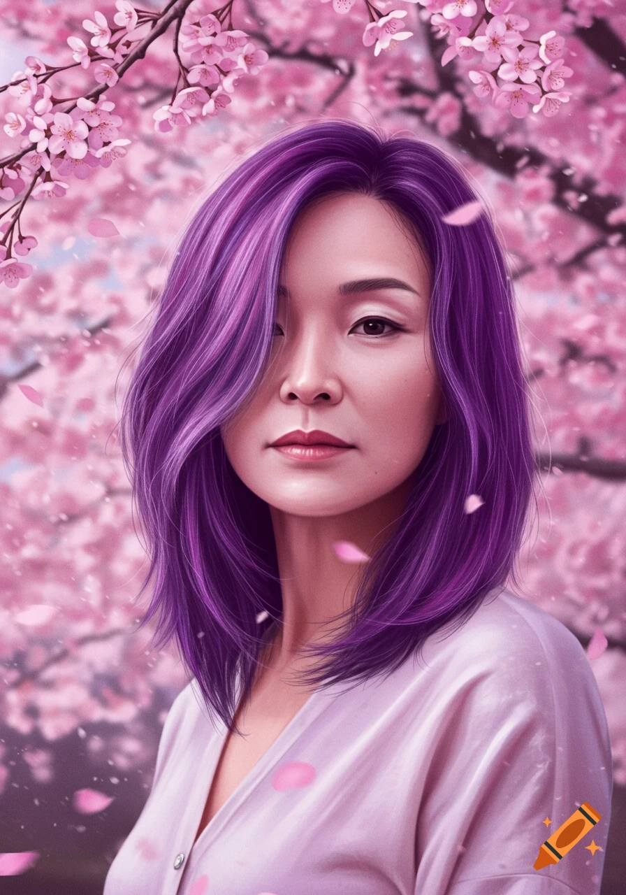 Digital art portrait of an Asian woman with purple hair amidst pink cherry blossoms and falling petals.