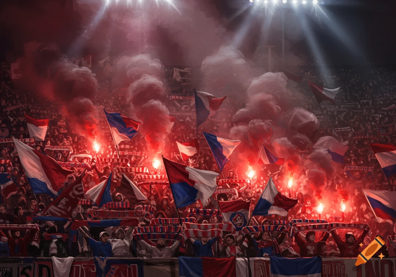 A dense crowd of football fans, or ultras, in a stadium at night, holding flags and red flares emitting thick smoke under bright stadium lights.