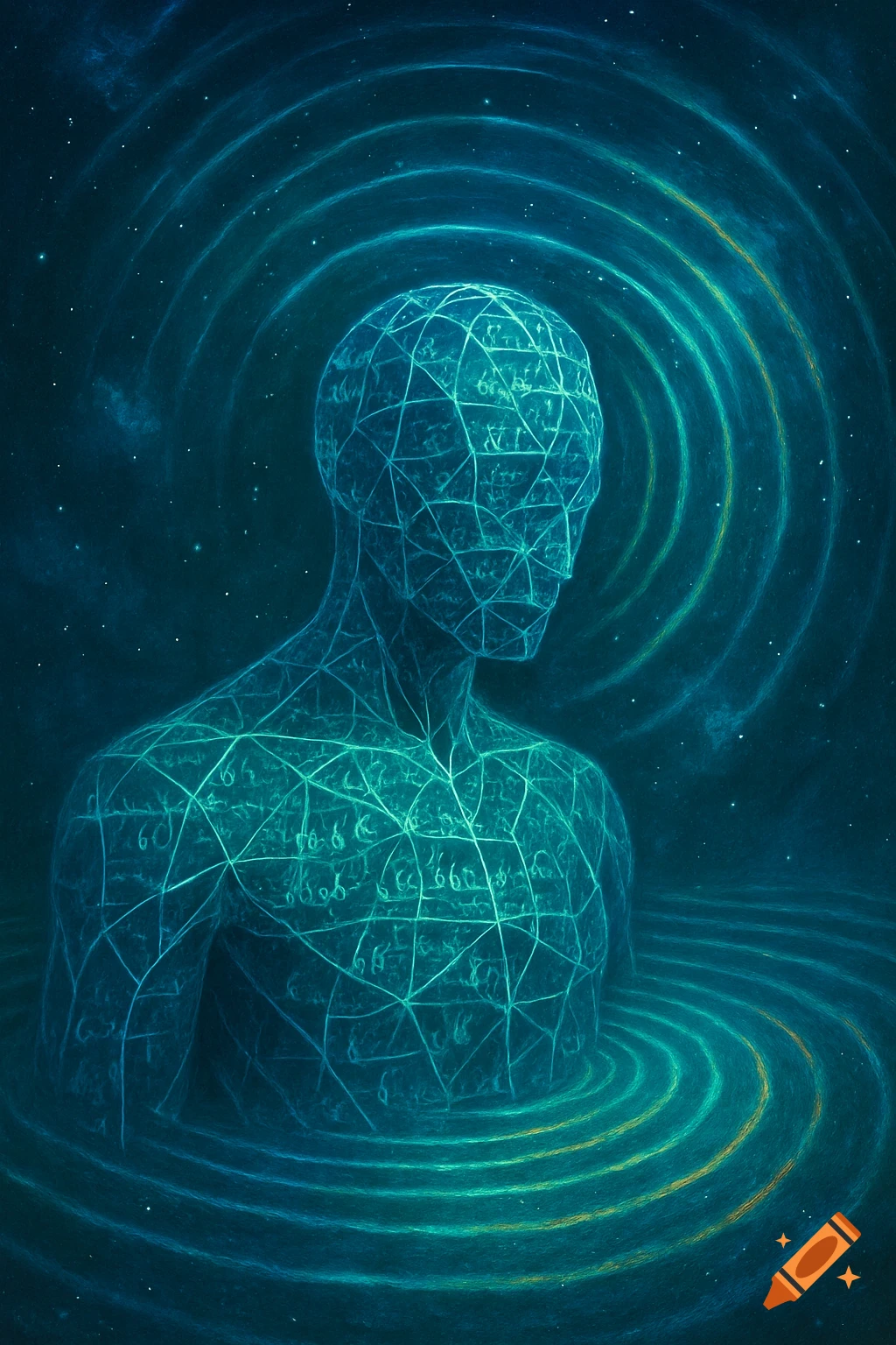 A glowing, intricate wireframe human figure emerges from swirling light ripples in deep blue, starry space.