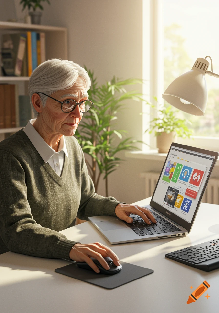 Elderly woman in glasses using a laptop and mouse at a desk in a bright home office.