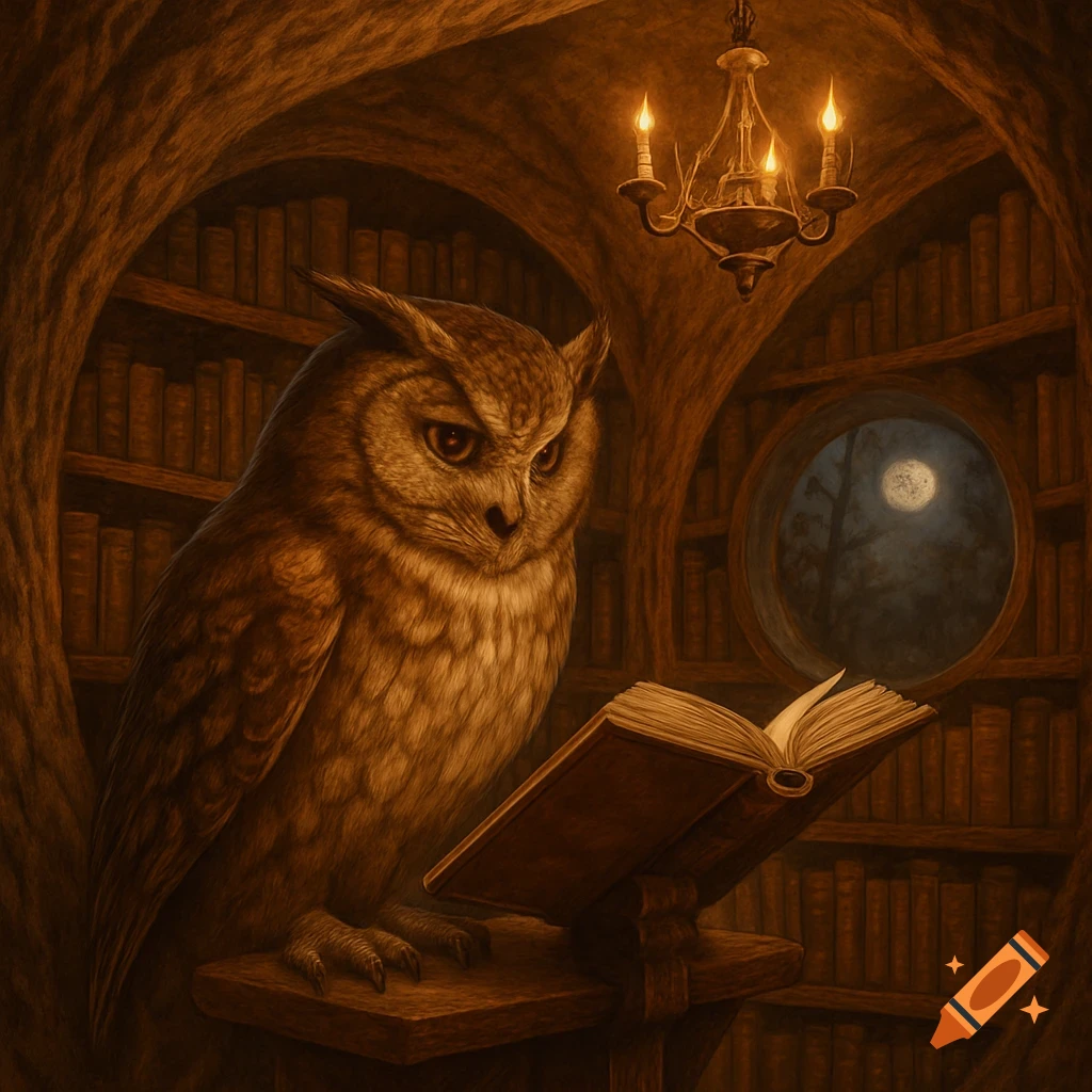 A large, wise-looking owl reads an open book in a dimly lit tree library by candlelight, with a full moon visible through a round window.