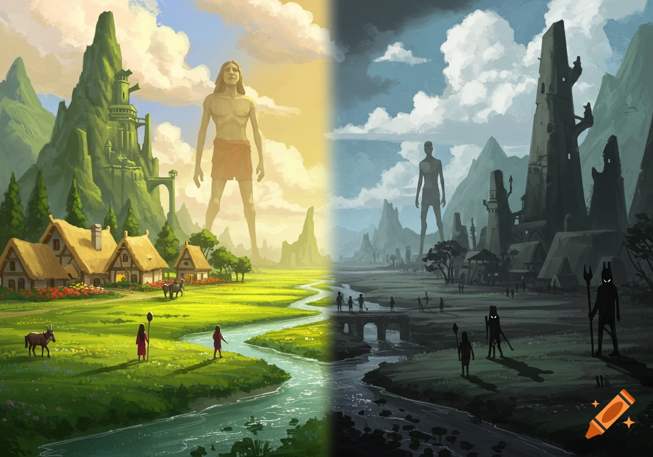 A fantasy illustration of a world split by a river into a vibrant, sunny village with a giant and a dark, desolate land with shadowy figures.