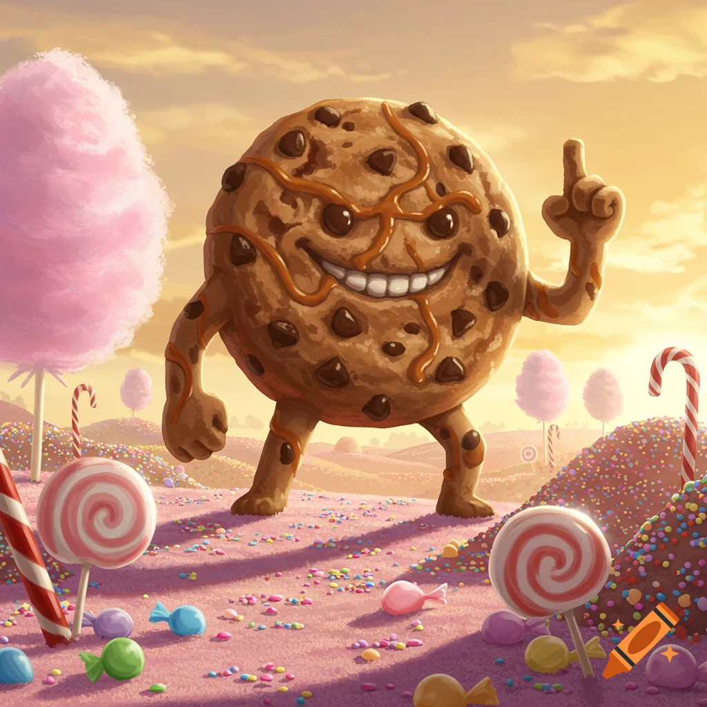 A menacing chocolate chip cookie character with caramel points up in a vibrant pink candy land with lollipops and cotton candy trees, in an illustration.