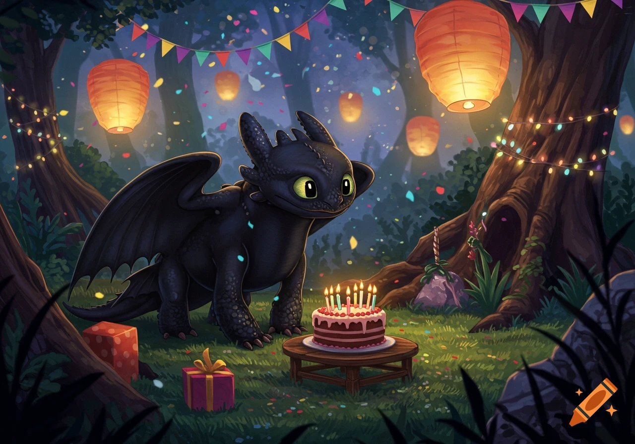 A cute black dragon, Toothless, looks at a birthday cake with lit candles in an enchanted forest setting with lanterns and confetti.