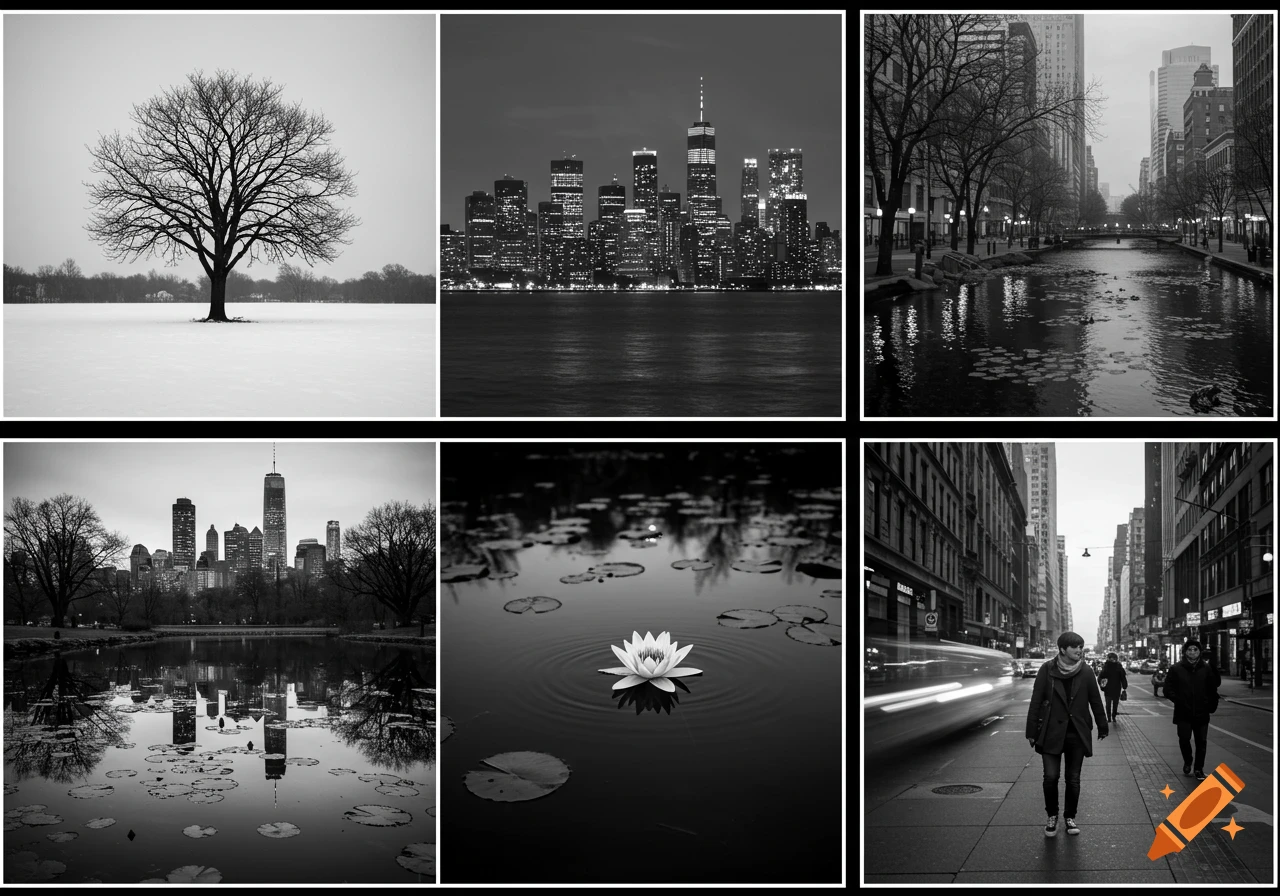 A collage of six black and white photos: a bare tree in snow, a city skyline at night, a canal in a city, a city skyline reflecting in a pond, a water lily on a dark pond, and a street scene with people.