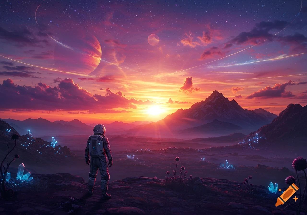 An astronaut overlooks a vibrant alien world at sunset with large planets, glowing blue crystals, and mountains under a colorful sky.