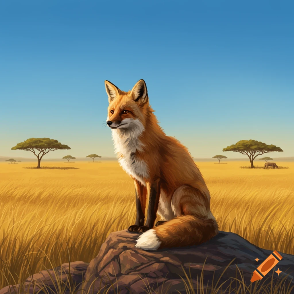 An illustrative red fox with white chest and tail tip sits on a rock in a golden savanna with acacia trees under a blue sky.