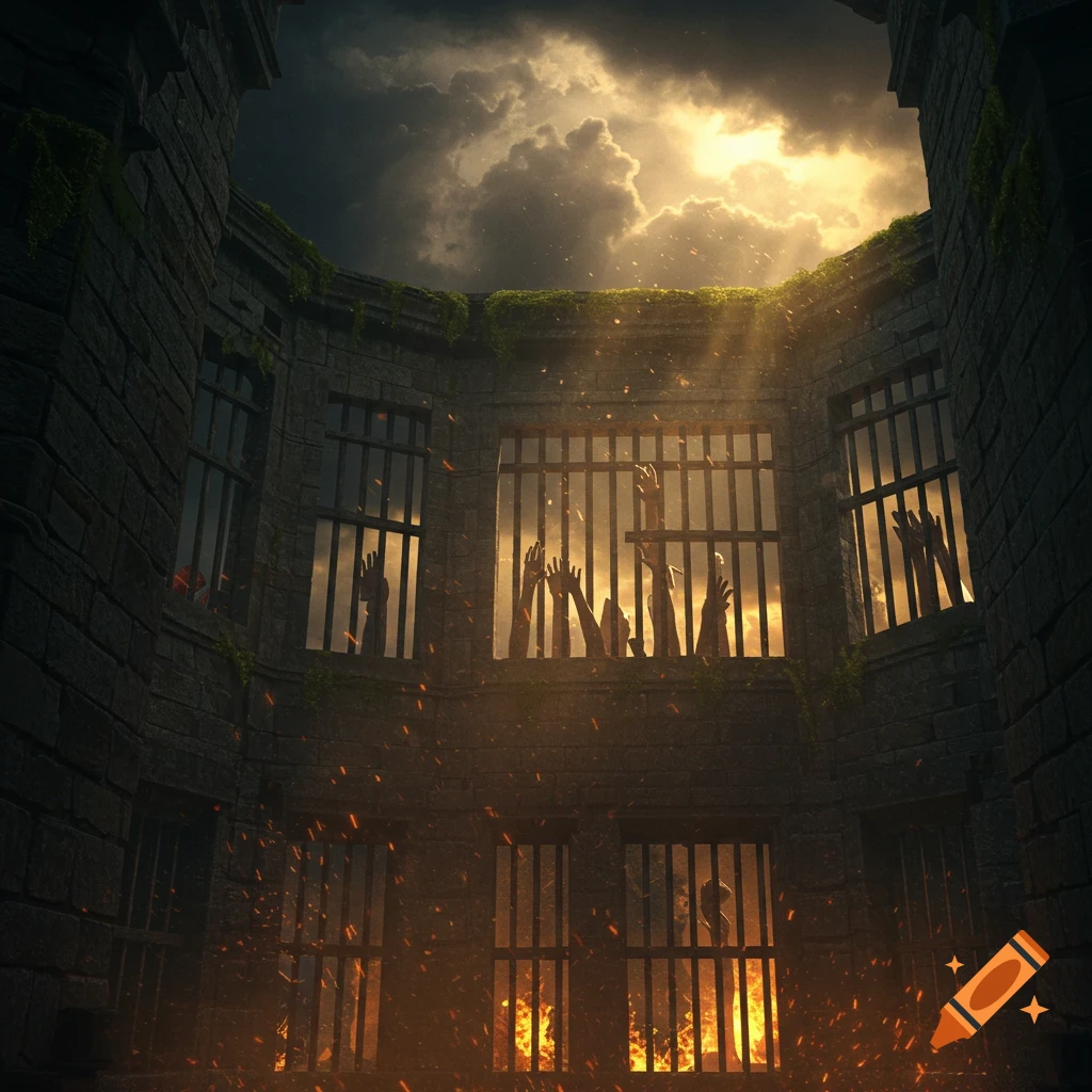 Dark stone prison courtyard with barred windows, hands reaching towards a dramatic, sunlit sky, and fire in lower cells.