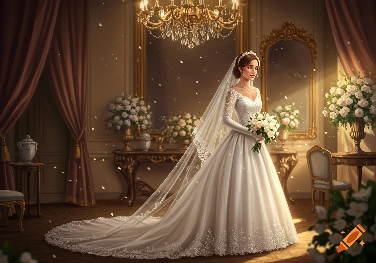 A beautiful bride in a white lace wedding gown and veil, holding a white rose bouquet, stands in an opulent room.