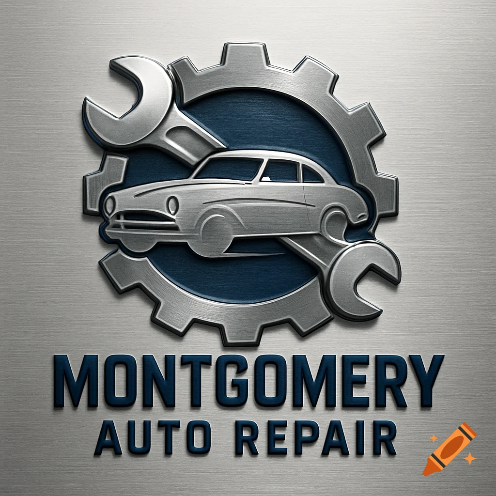 Metallic logo for Montgomery Auto Repair featuring a vintage car, wrench, and gear on a brushed metal background.