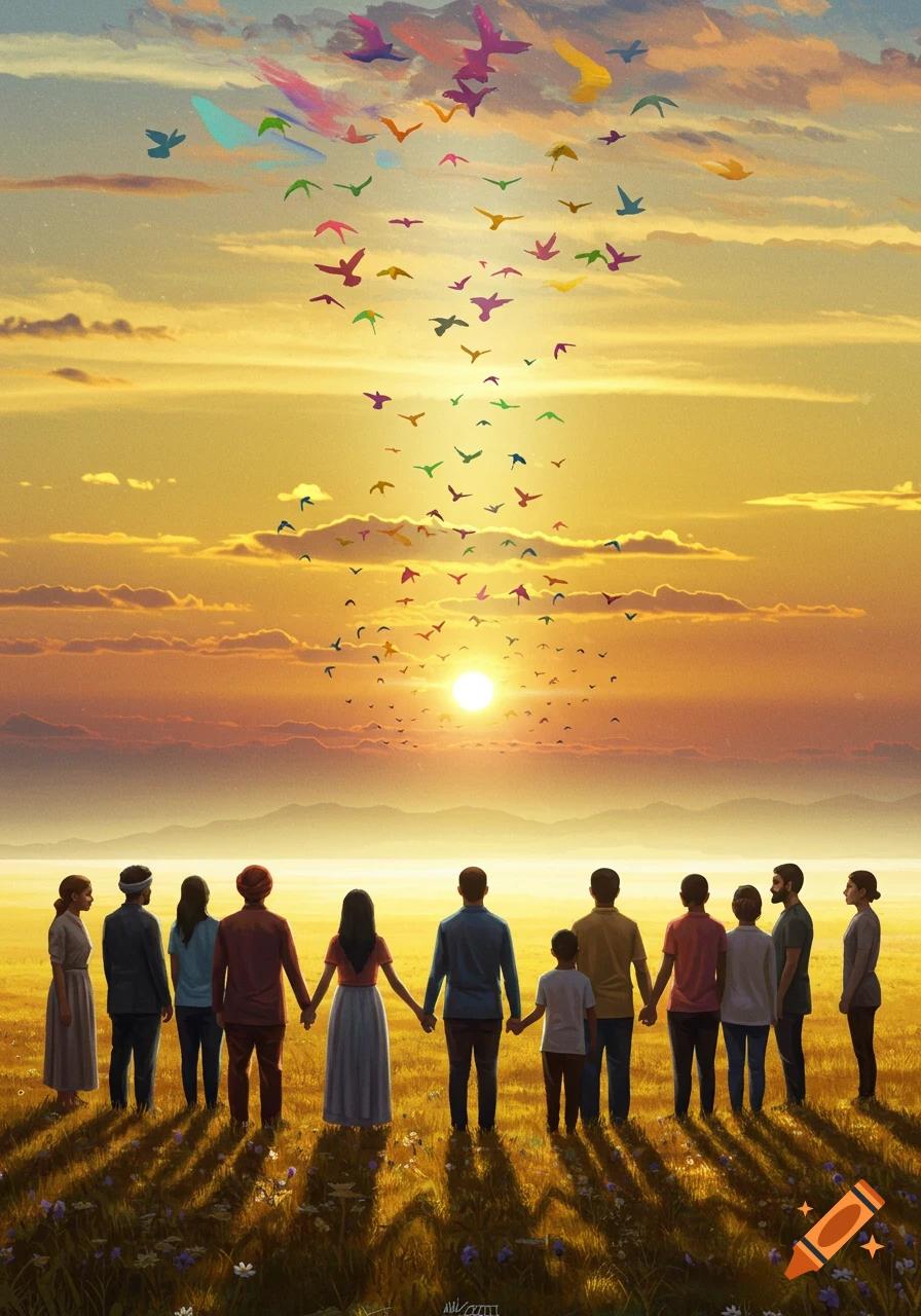 A diverse group of people holding hands, silhouetted against a golden sunset with colorful birds flying overhead in a field.