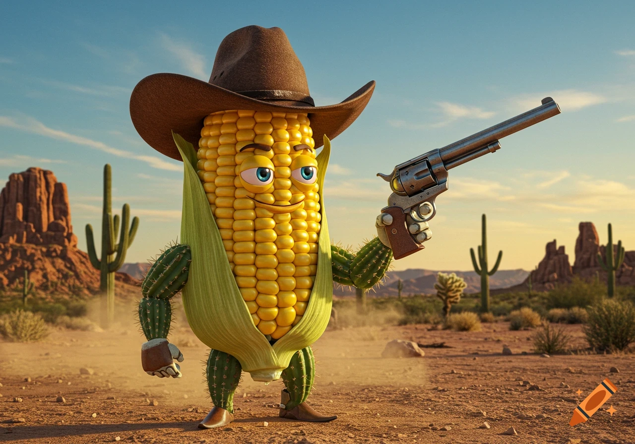 A smiling anthropomorphic corn cob wearing a cowboy hat, with cactus arms and legs, holding a revolver in a desert landscape.