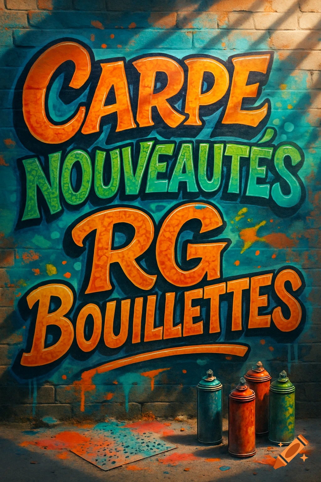 Colorful graffiti spelling 'CARPE NOUVEAUTES RG BOUILLETTES' on a brick wall, with three spray paint cans on the ground.