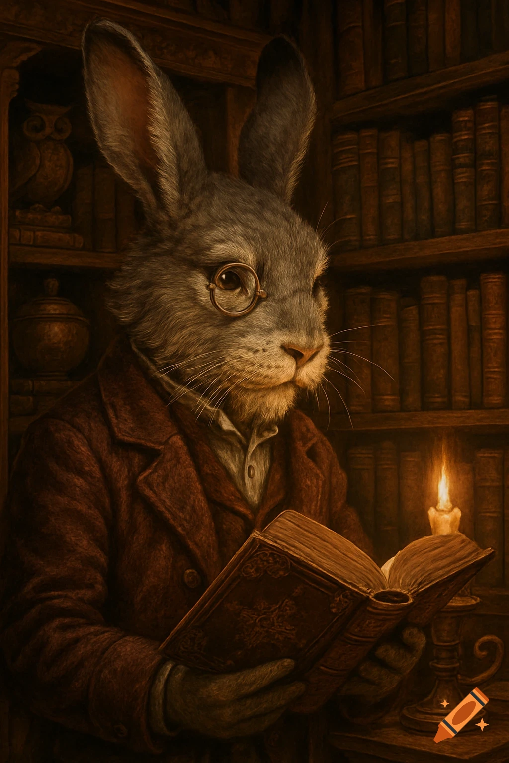 Anthropomorphic rabbit with monocle reading an old book in a candlelit library, detailed illustration.