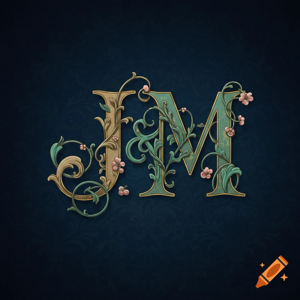 Ornate gold letter J and teal letter M intertwined with pink flowers and green vines on a dark blue patterned background.