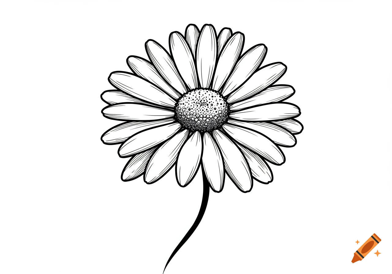 A detailed black and white line art illustration of a daisy with a textured center and slender stem.